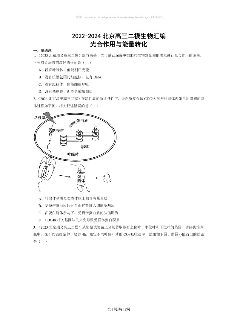 [生物]2022～2024北京高三二模生物试题分类汇编：光合作用与能量转化第1页