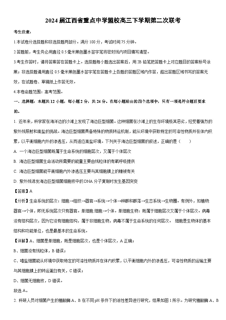 [生物]2024届江西省重点中学盟校高三下学期第二次联考试卷（解析版）01