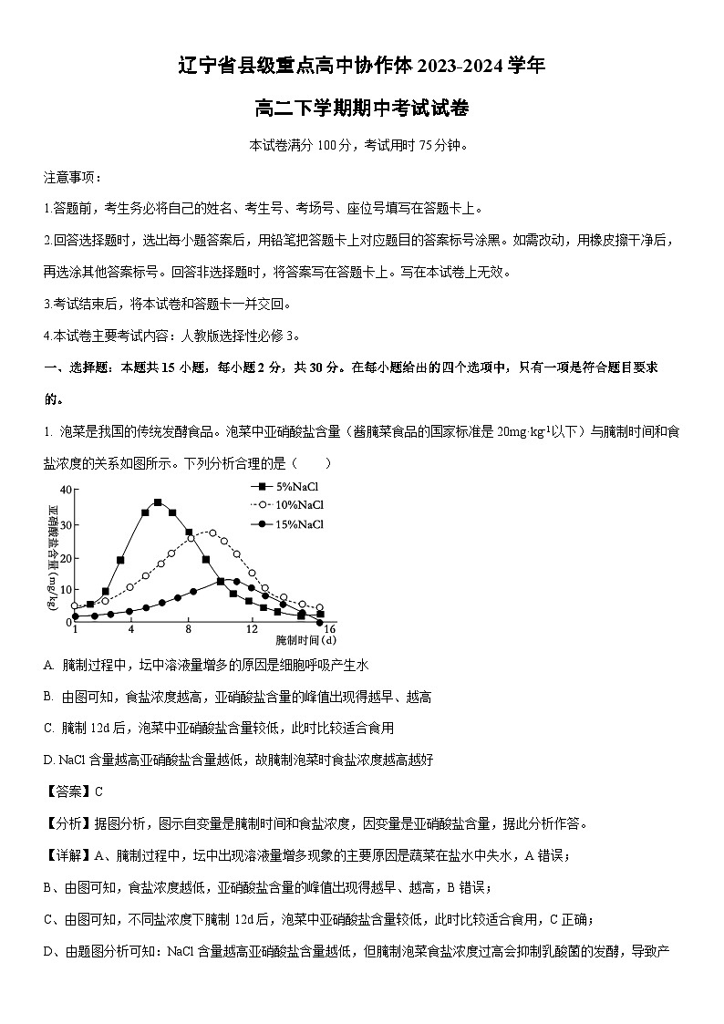 [生物]辽宁省县级重点高中协作体2023-2024学年高二下学期期中考试试卷（解析版）第1页