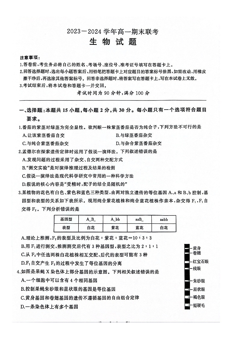 2024山东省百师联盟高一下学期期末联考（6月）生物试题扫描版含解析01