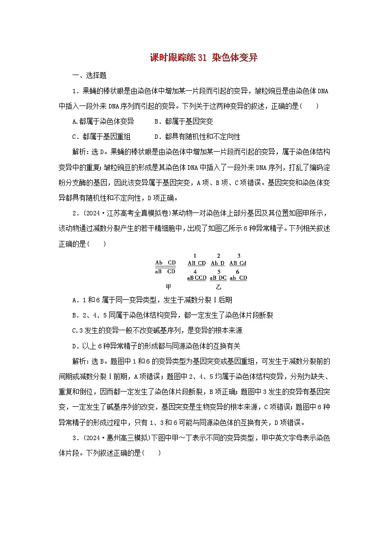 2025届高考生物一轮总复习课时跟踪练31染色体变异第1页