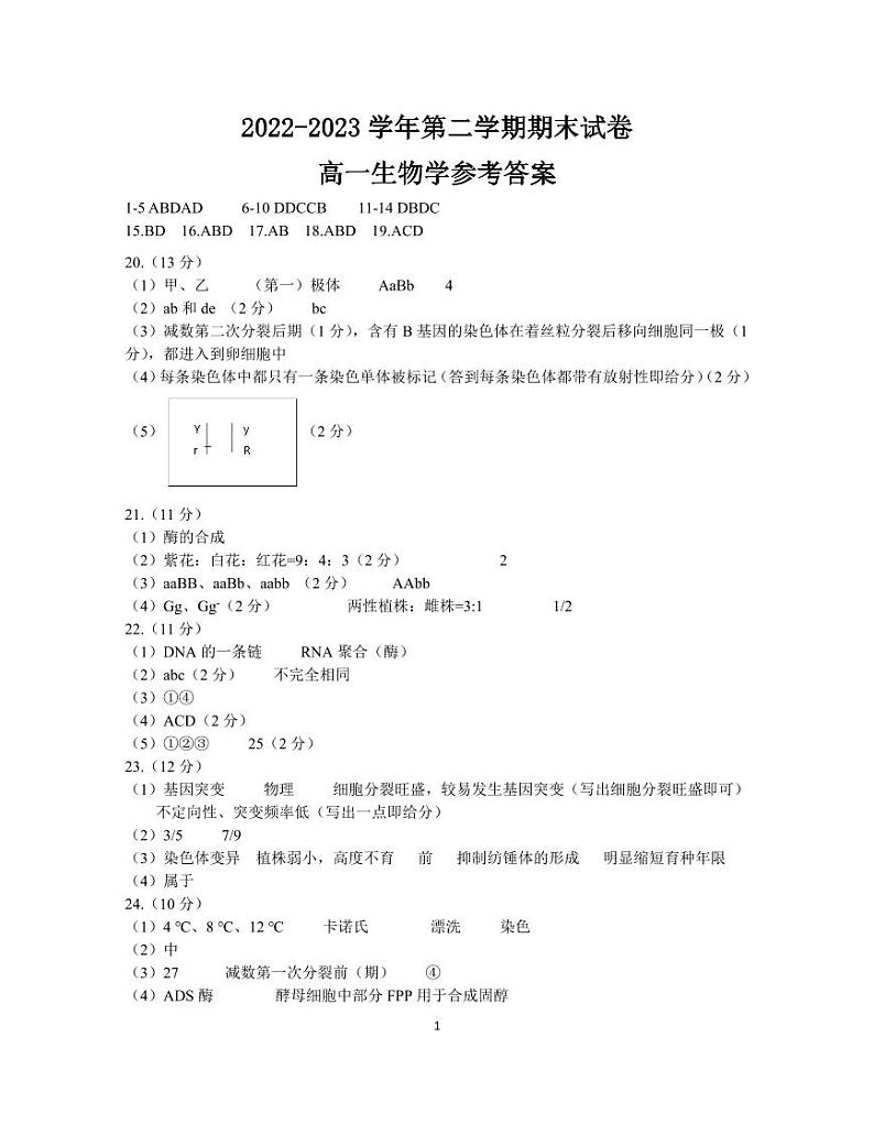 【高一】江苏省丨南京市江宁区2022-2023学年高一下学期期末考试++生物答案第1页