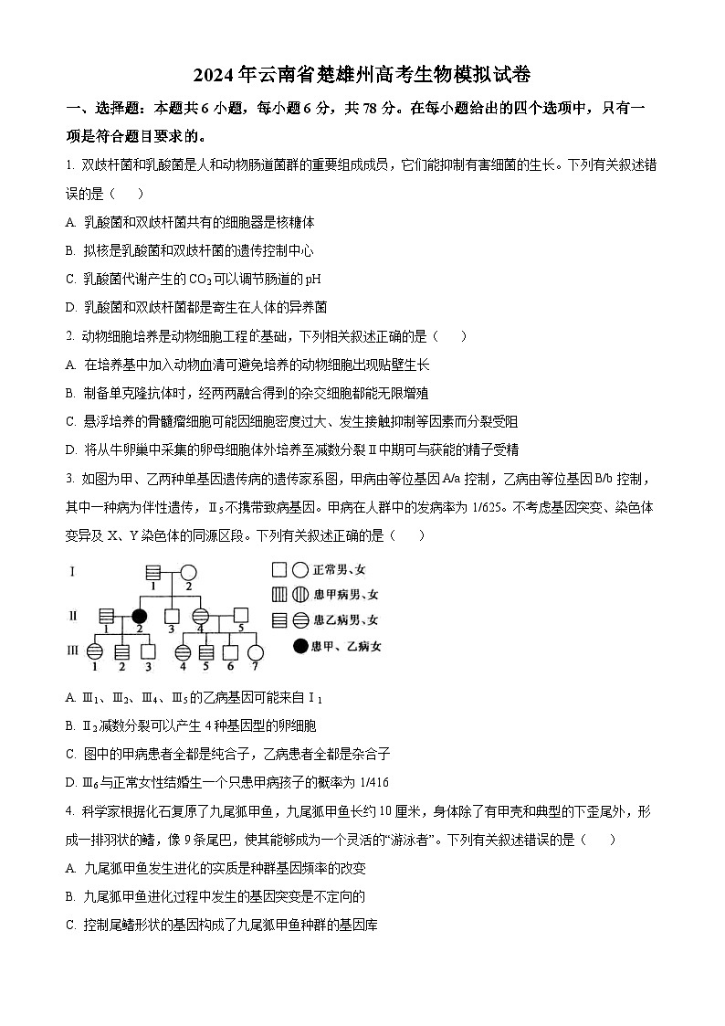 2024年云南省楚雄州高考生物模拟试卷（原卷版+解析版）第1页