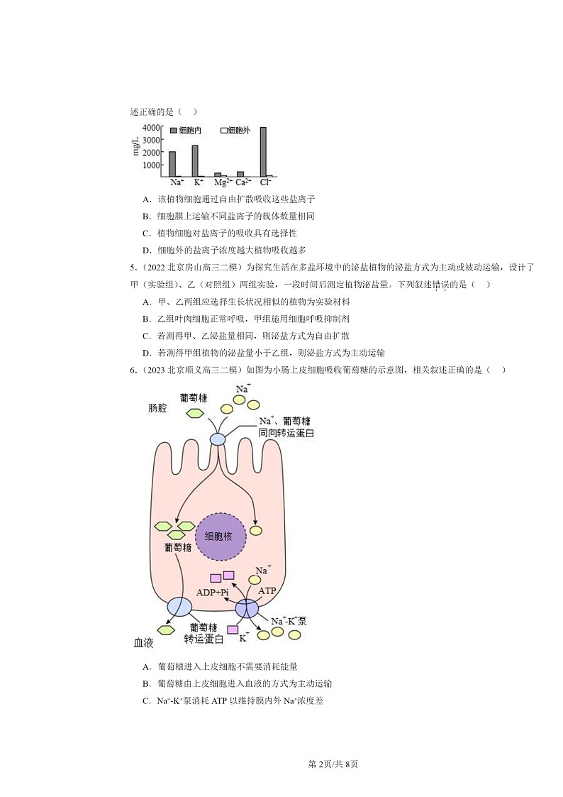 [生物][二模]2020～2024北京高三试题分类汇编：主动运输与胞吞、胞吐02
