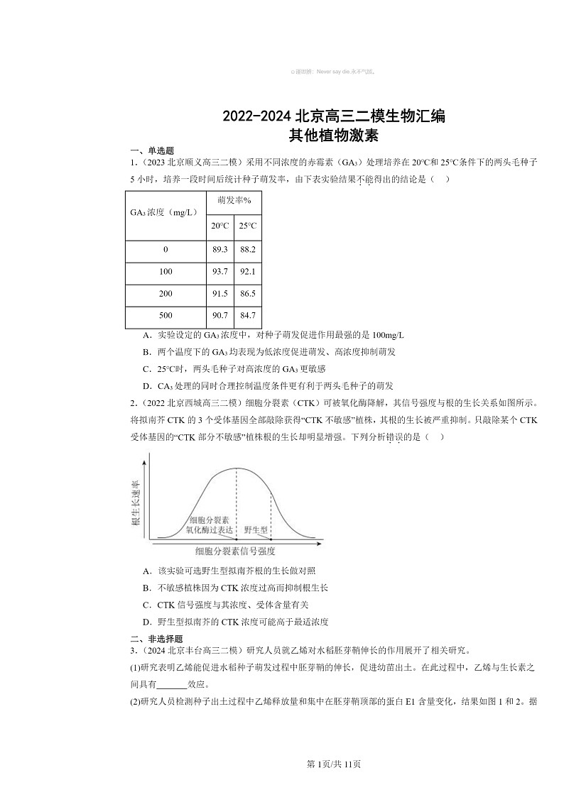 [生物][二模]2022～2024北京高三试题分类汇编：其他植物激素第1页