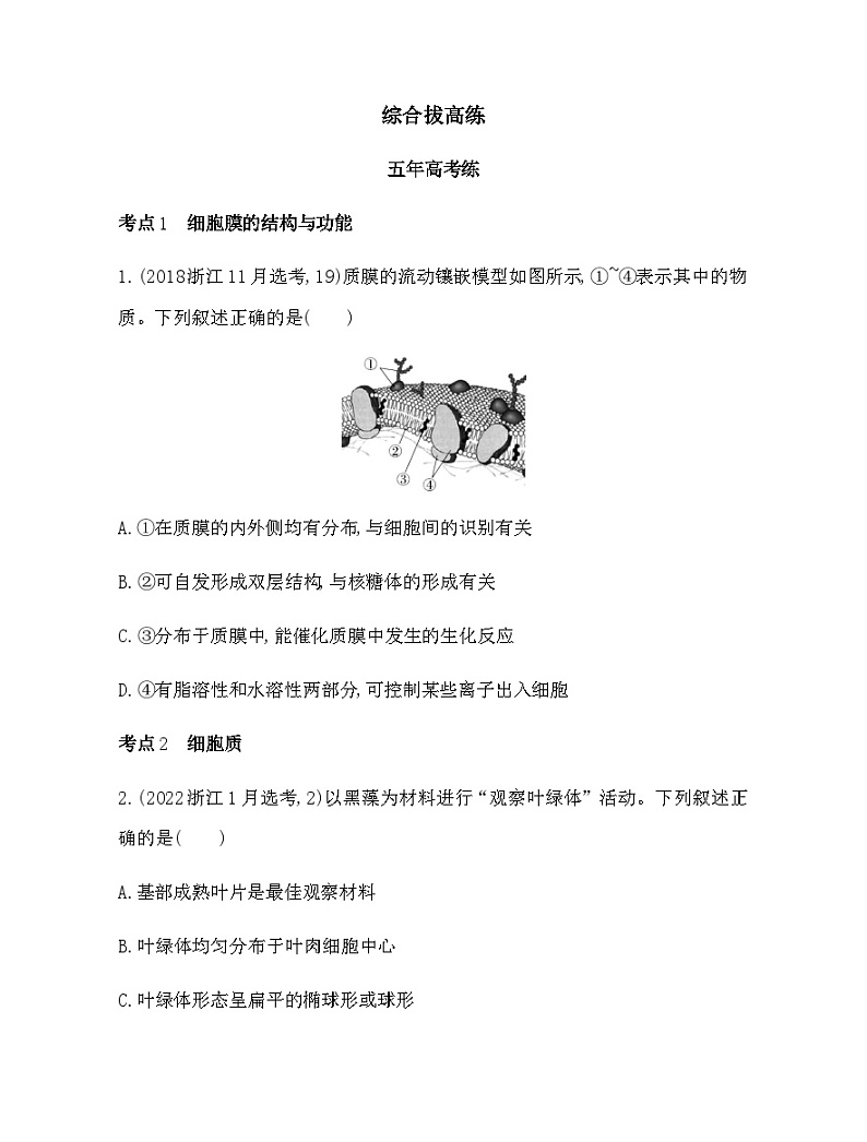 浙科版高中生物必修1第二章细胞的结构综合拔高练含答案01