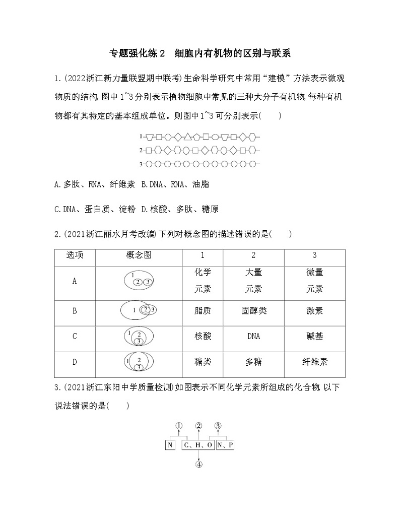 浙科版高中生物必修1专题强化练2细胞内有机物的区别与联系含答案01