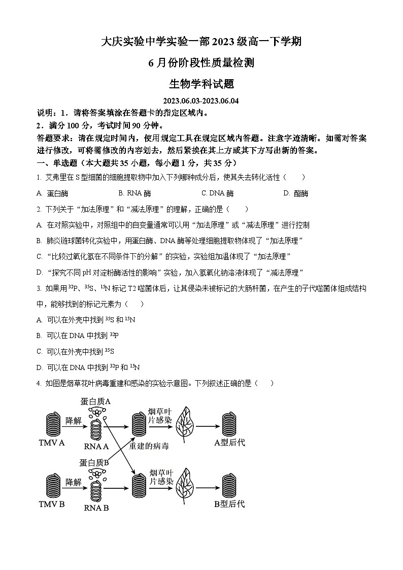 黑龙江省大庆实验中学实验一部2023-2024学年高一下学期6月阶段性质量检测生物试题（Word版附解析）01