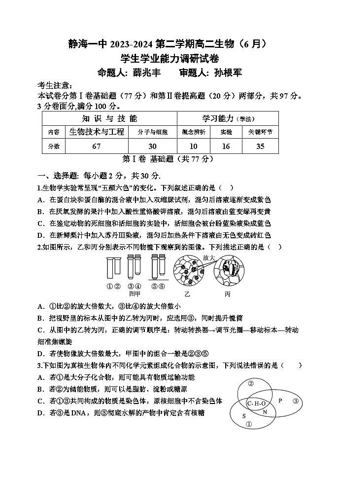 天津市静海区第一中学2023-2024学年高二下学期6月月考生物试题（Word版附答案）01