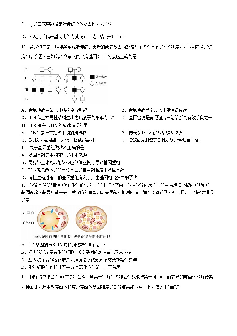 北京市昌平区2021-2022学年高一下学期7月期末考试生物试题第3页