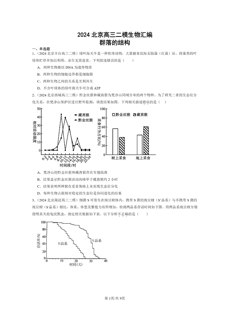 [生物][二模]2024北京高三试题分类汇编：群落的结构01