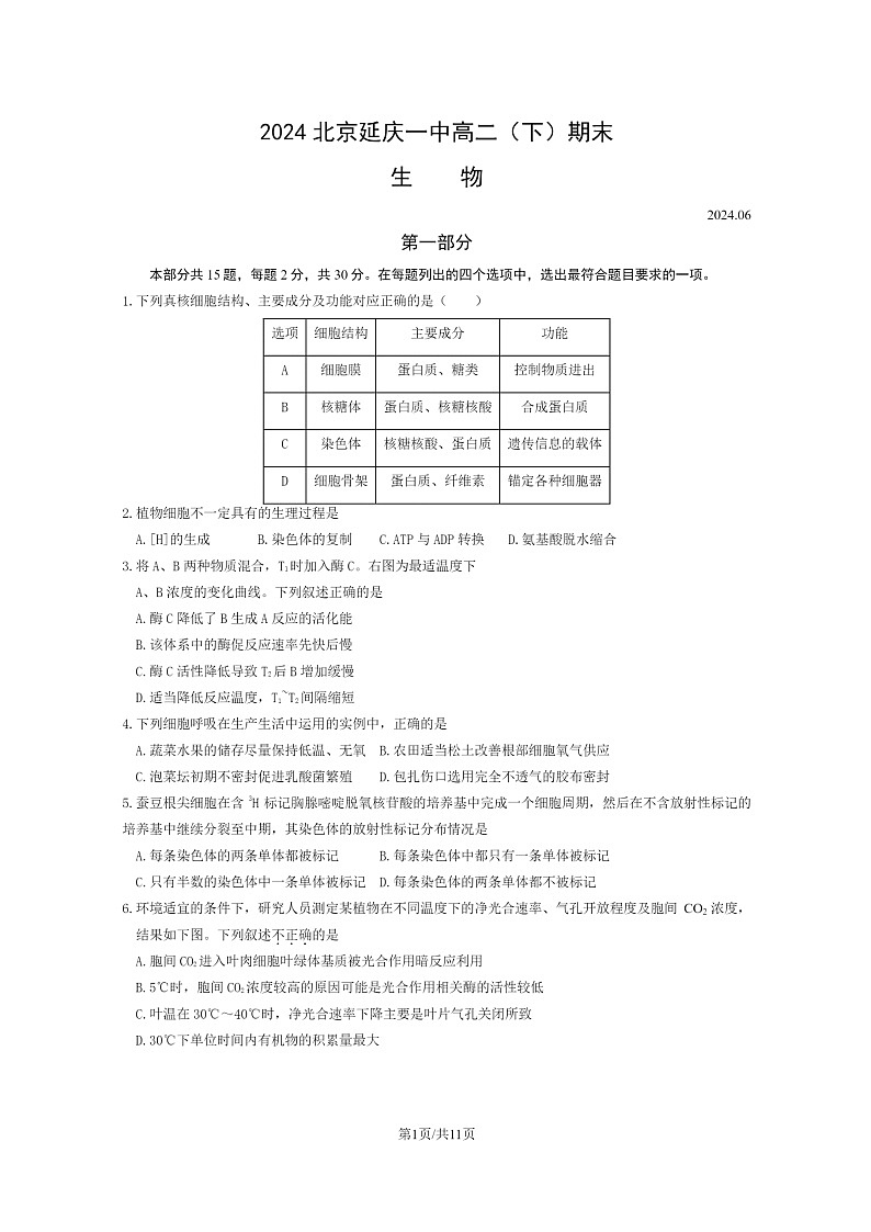 [生物]2024北京延庆一中高二下学期期末试卷及答案01