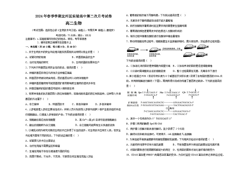 广西河池市宜州区实验高中2023-2024学年高二下学期第二次月考生物试题01