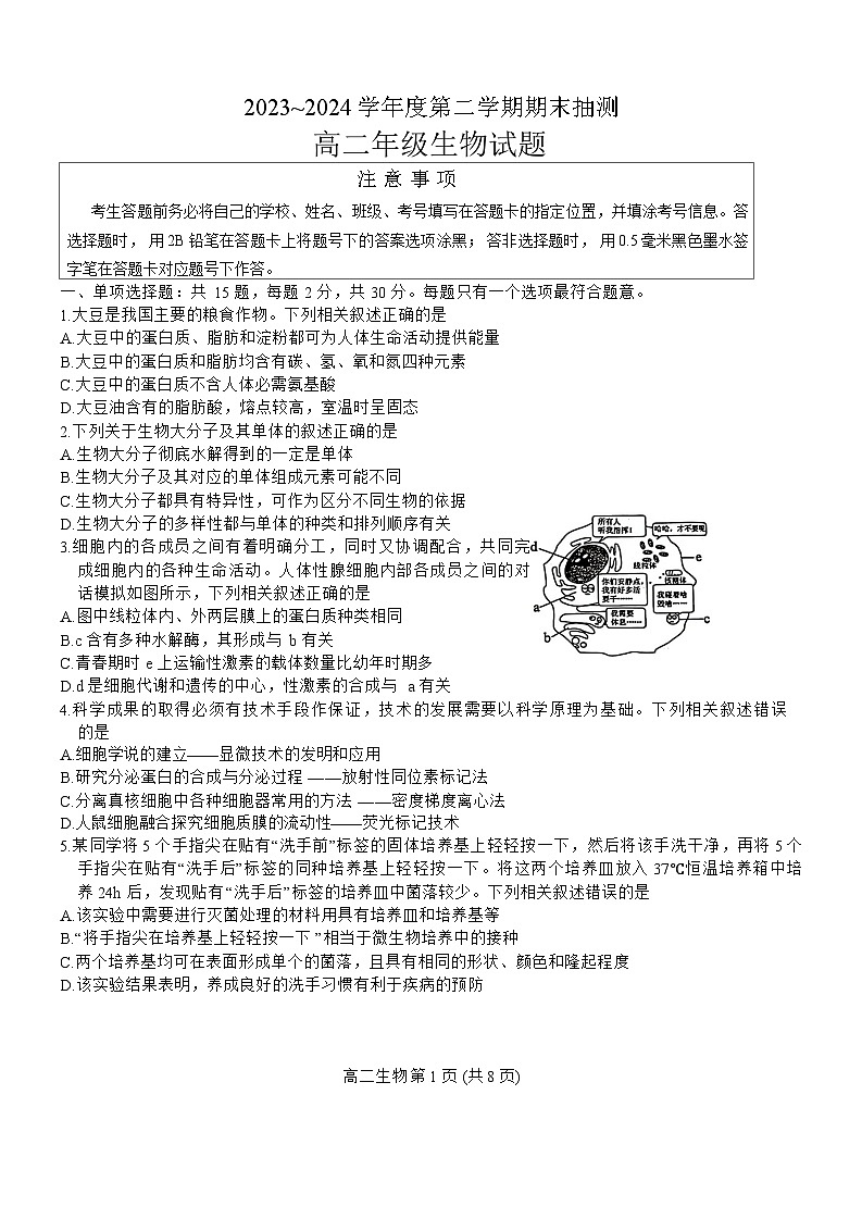 江苏省徐州市2023-2024学年高二下学期6月期末生物试题01