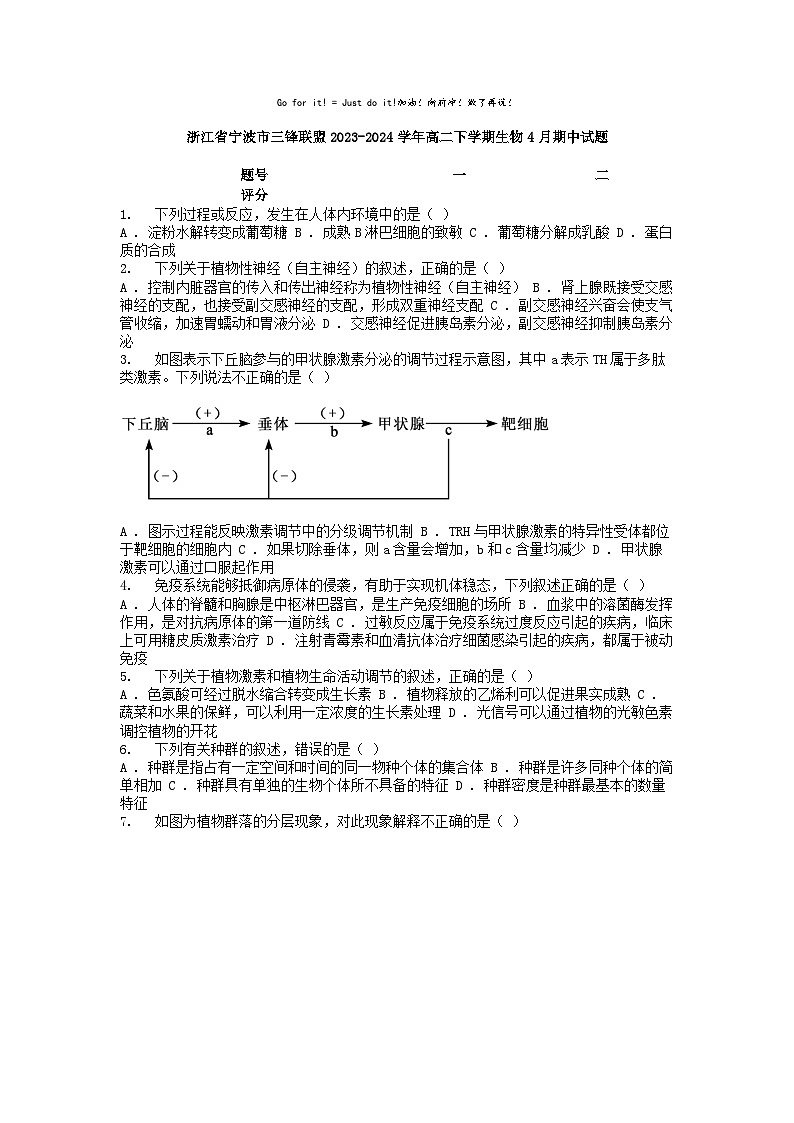 [生物]浙江省宁波市三锋联盟2023-2024学年高二下学期4月期中试题01