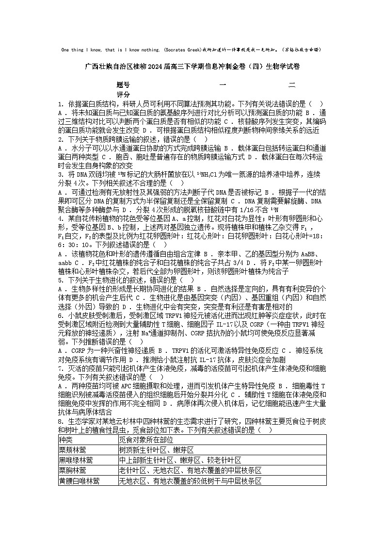 [生物]广西壮族自治区桂柳2024届高三下学期信息冲刺金卷(四)学试卷第1页