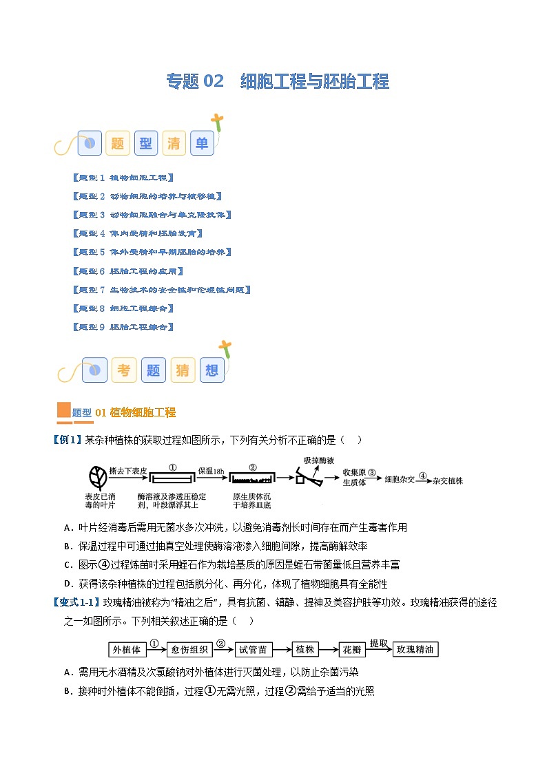 专题02 细胞工程与胚胎工程（期末考题猜想）（9大题型）（原卷版+解析版）-高二生物下学期期末考点大串讲（人教版2019）01
