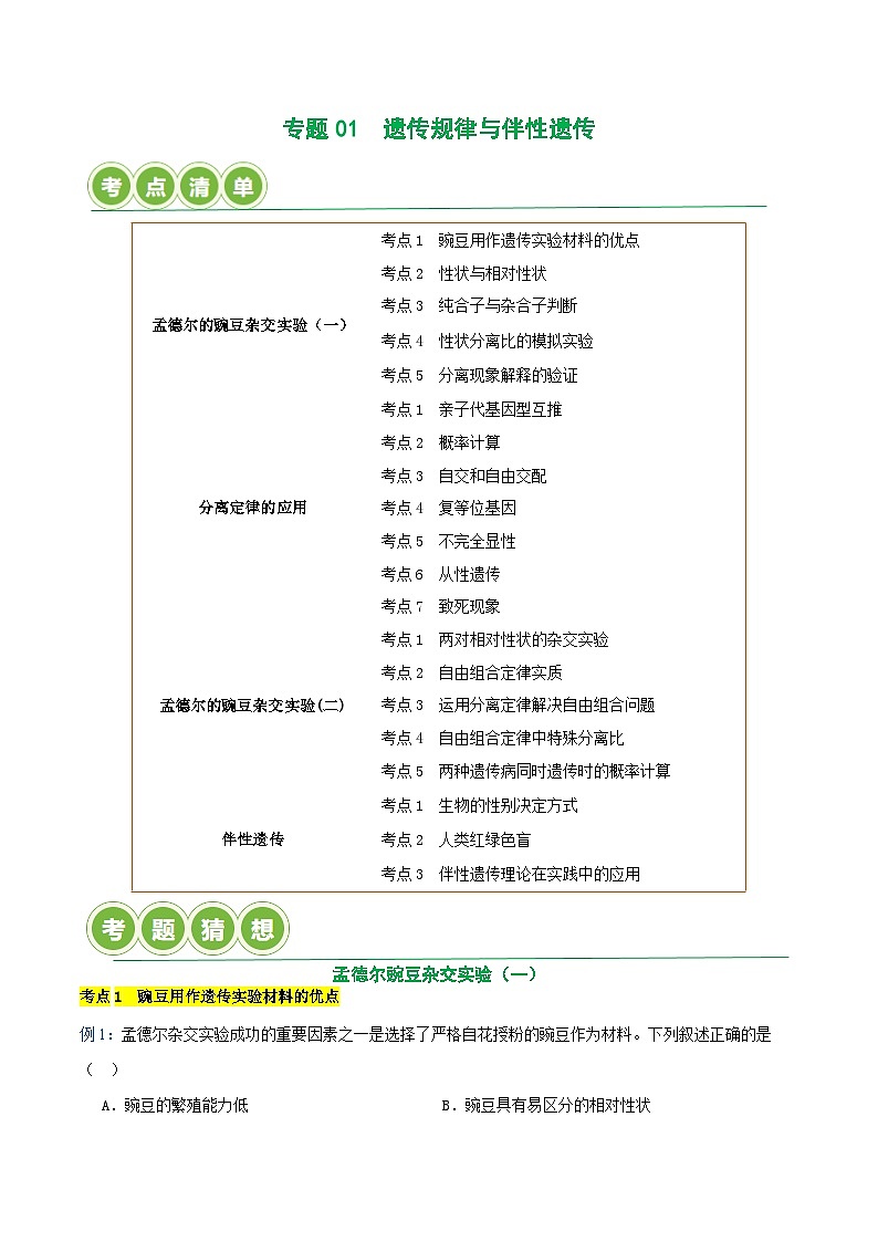 专题01 遗传规律与伴性遗传【考题猜想】（20个考点）（原卷版+解析版）-高一生物下学期期末考点大串讲（人教版2019必修2）01