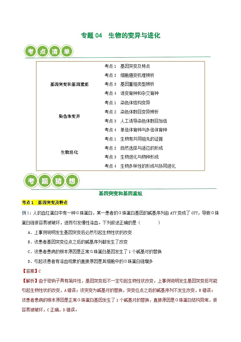 专题04  生物的变异与进化【考题猜想】（12个考点）（原卷版+解析版）-高一生物下学期期末考点大串讲（人教版2019必修2）01