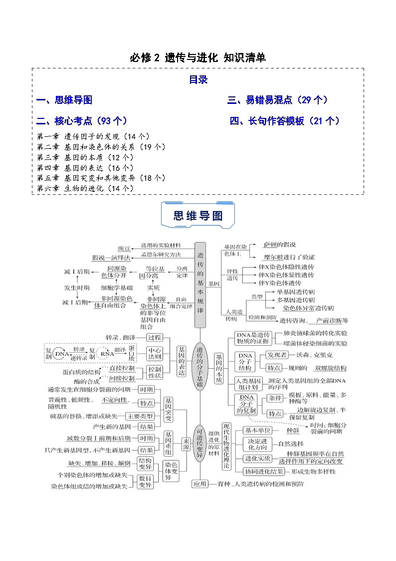 必修2 遗传与进化（期末复习知识清单）（原卷版+解析版）-高一生物下学期期末考点大串讲（人教版2019必修2）01