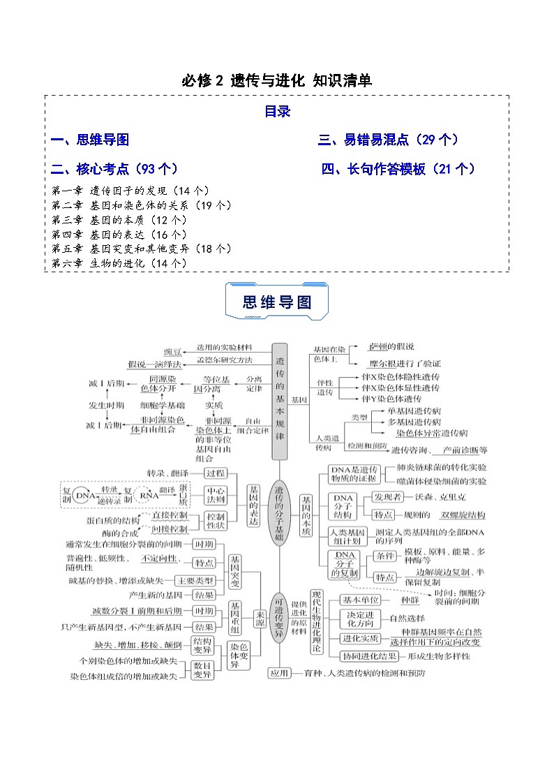 必修2 遗传与进化（期末复习知识清单）（原卷版+解析版）-高一生物下学期期末考点大串讲（人教版2019必修2）01