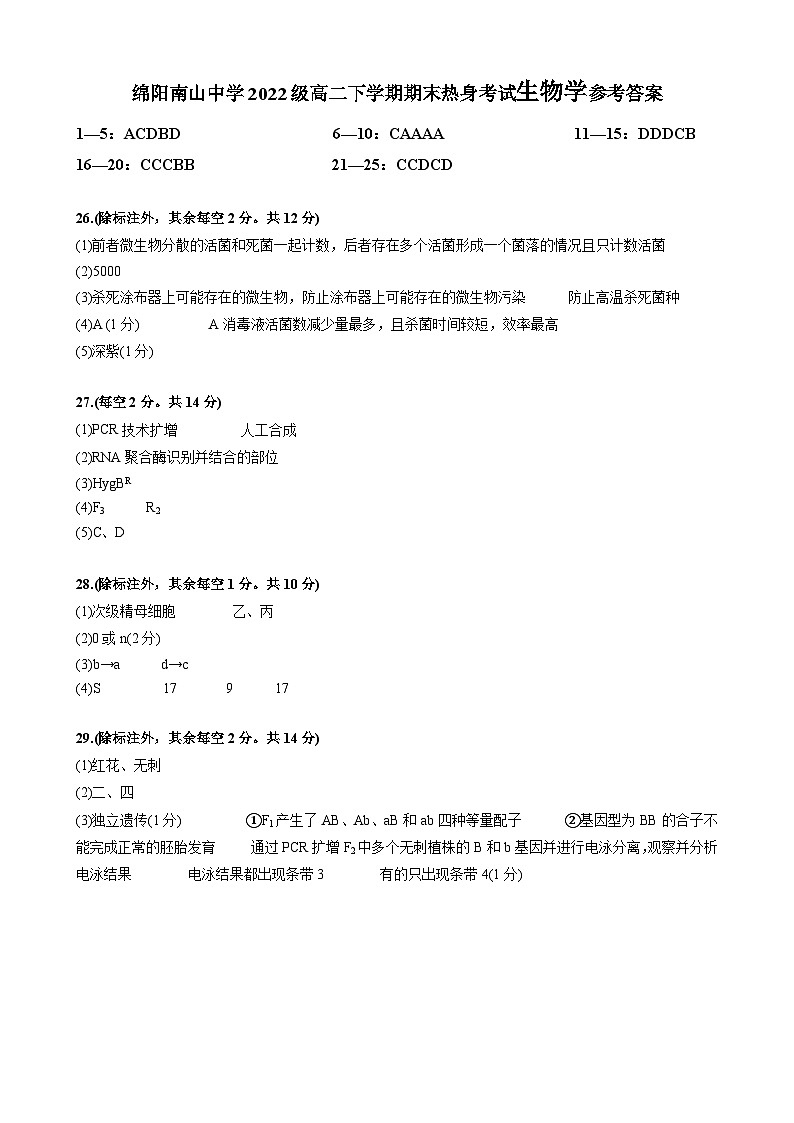 2024绵阳南山中学高二下学期期末热身生物试题PDF版含答案01