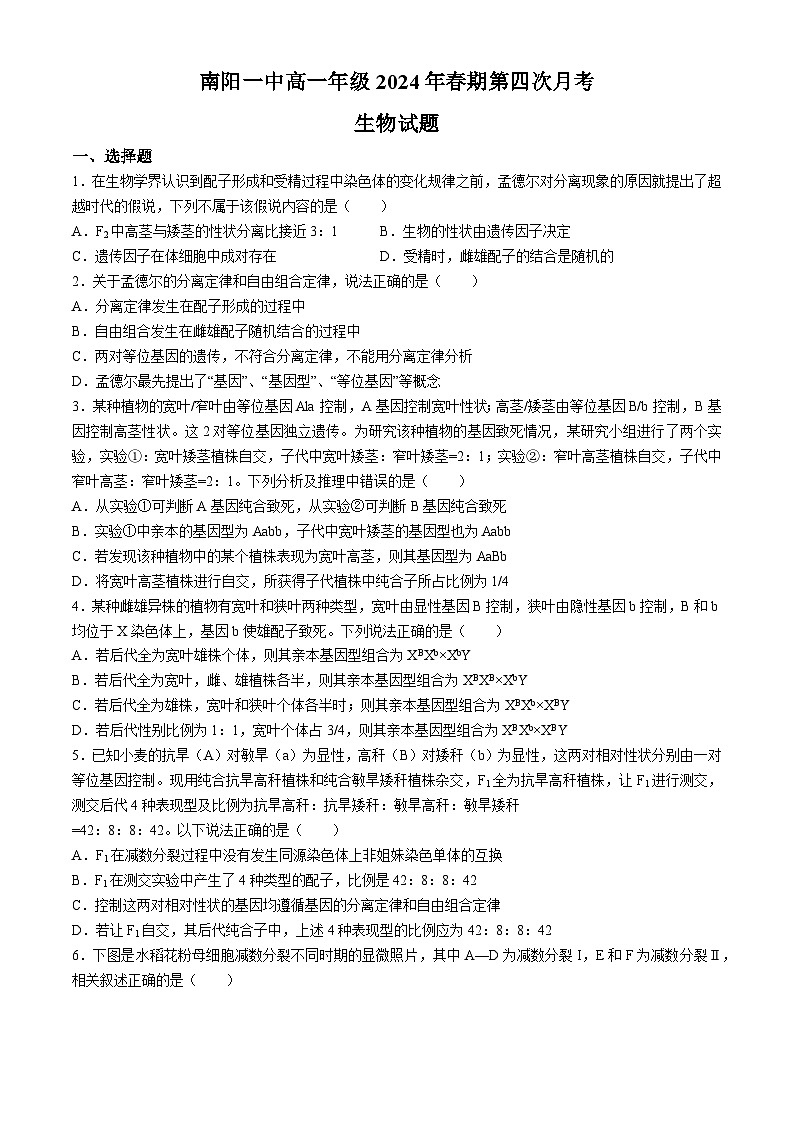 河南省南阳市第一中学校2023-2024学年下学期高一第四次月考（6月）生物试题01