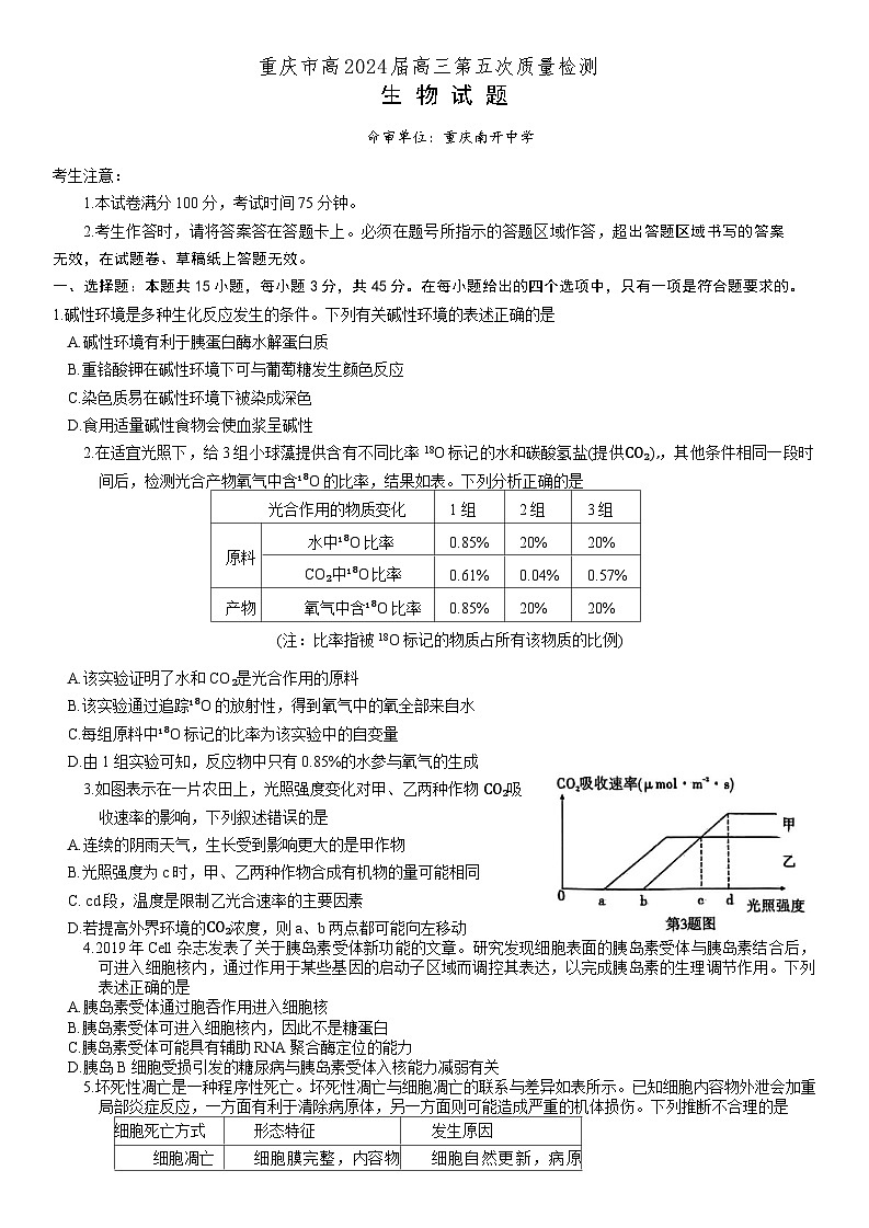 重庆市南开中学高2024届高三第五次质量检测生物试题第1页