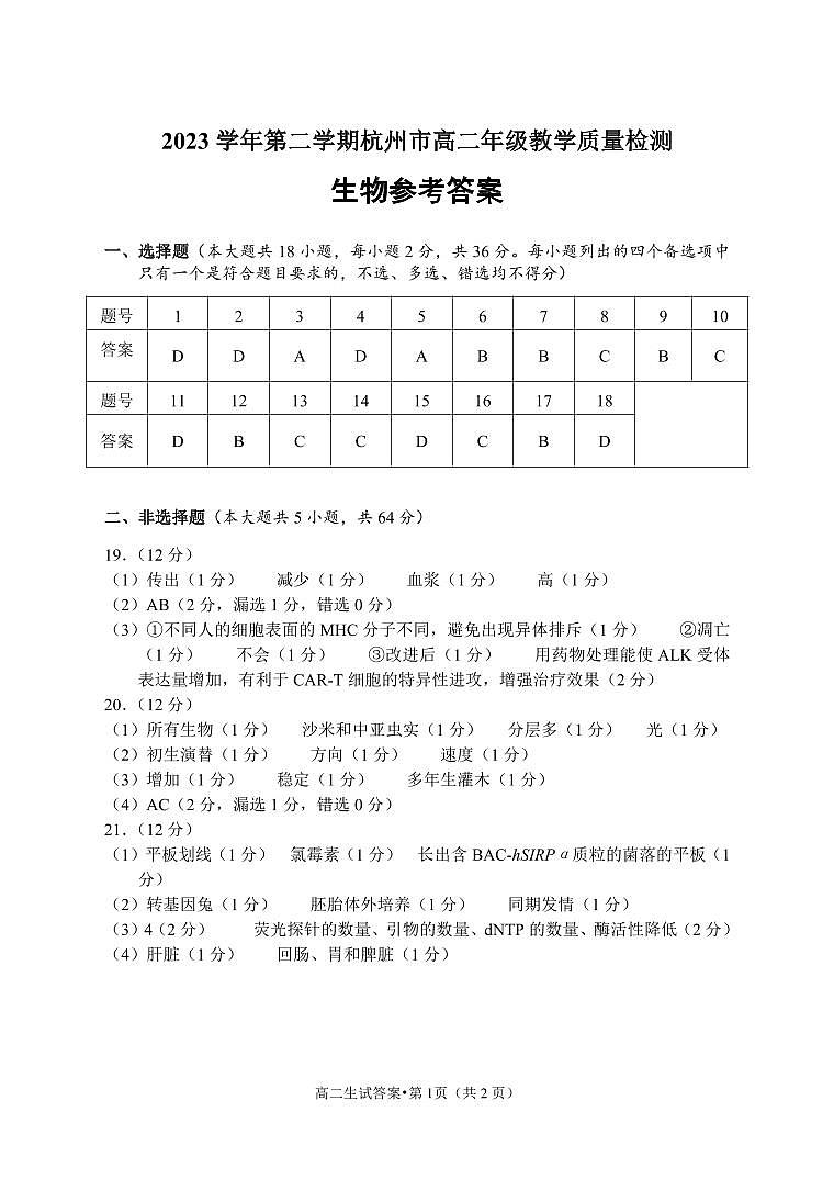 浙江省杭州市2023-2024学年高二下学期6月期末生物试题01