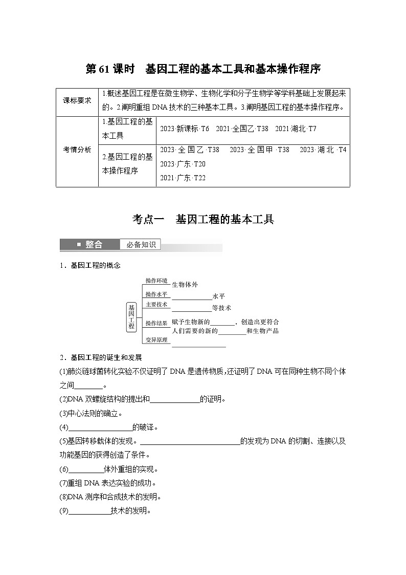 第十单元　第61课时　基因工程的基本工具和基本操作程序-2025年高考生物大一轮复习课件01