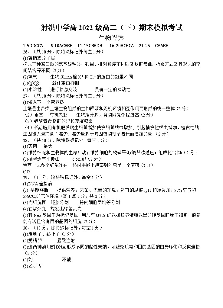 2024遂宁射洪中学高二下学期期末模拟生物试题含答案01