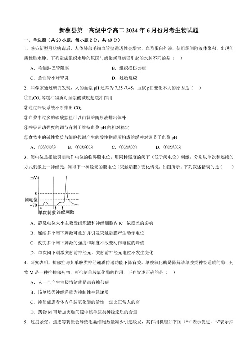 [生物]河南省驻马店市新蔡县第一高级中学2023～2024学年高二下学期6月月考试题(有答案)第1页