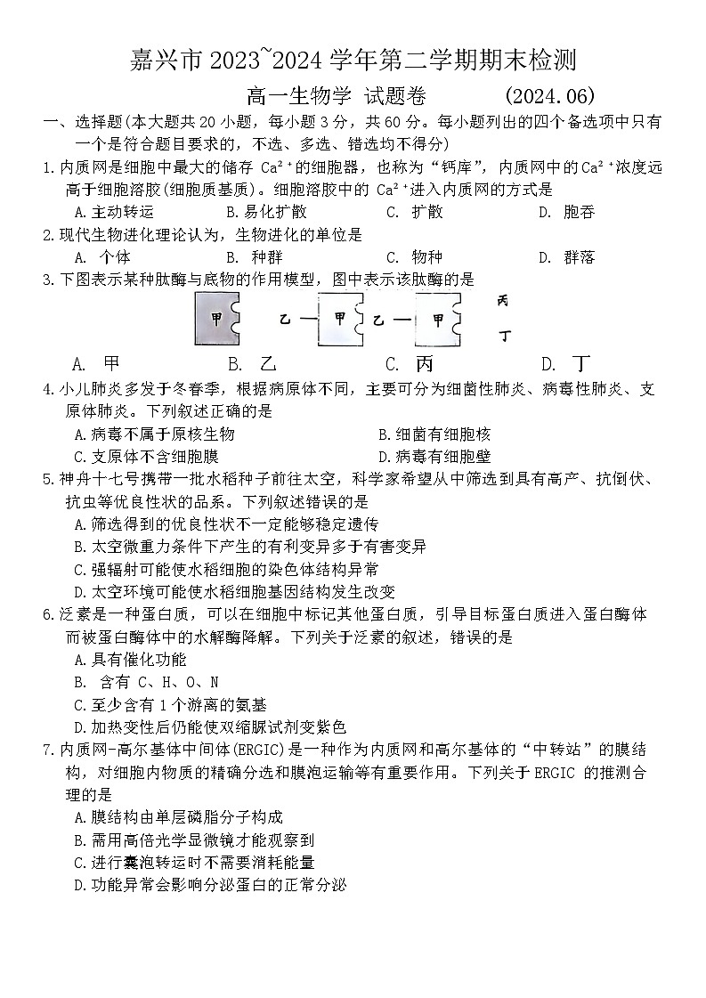 浙江省嘉兴市2023-2024学年高一下学期6月期末生物试题01