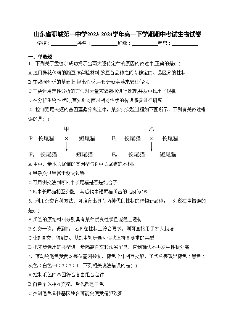山东省聊城第一中学2023-2024学年高一下学期期中考试生物试卷(含答案)01