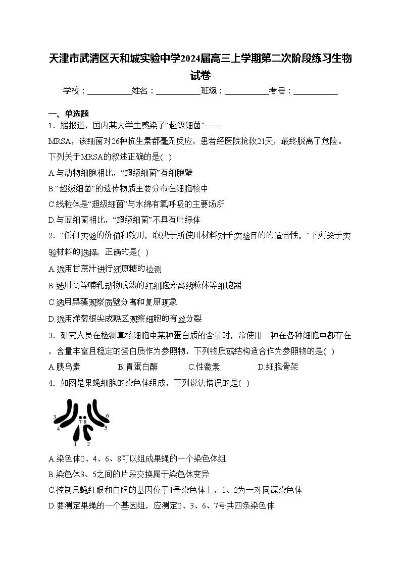 天津市武清区天和城实验中学2024届高三上学期第二次阶段练习生物试卷(含答案)第1页