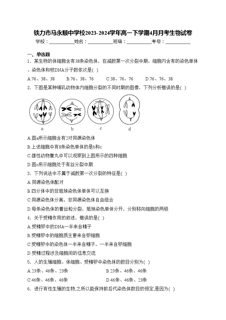 铁力市马永顺中学校2023-2024学年高一下学期4月月考生物试卷(含答案)01