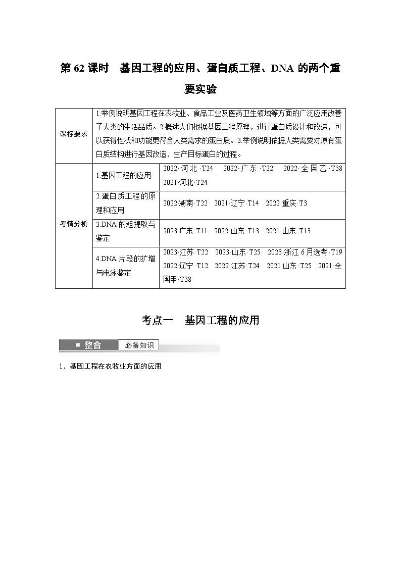 第十单元　第62课时　基因工程的应用、蛋白质工程、DNA的两个重要实验（教师版）第1页