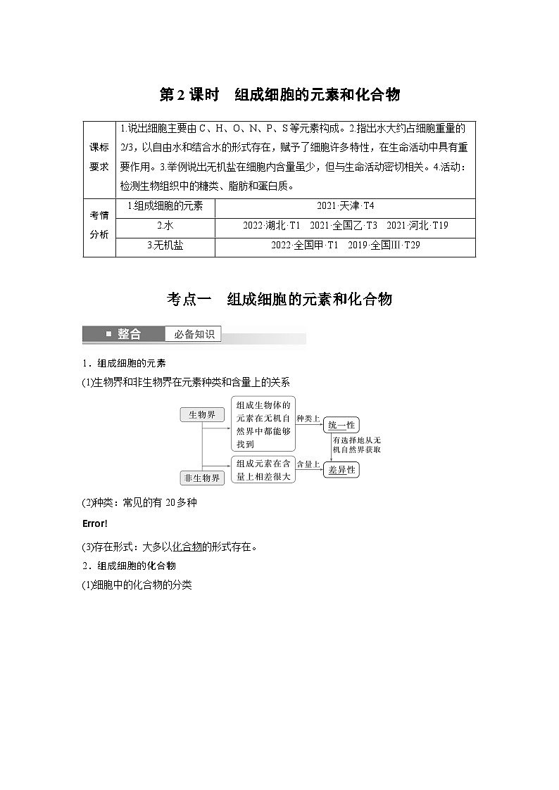 第一单元　第2课时　组成细胞的元素和化合物（教师版）第1页