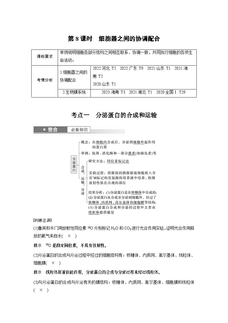 第二单元　第八课时　细胞器之间的协调配合-2025年高考生物大一轮复习课件01