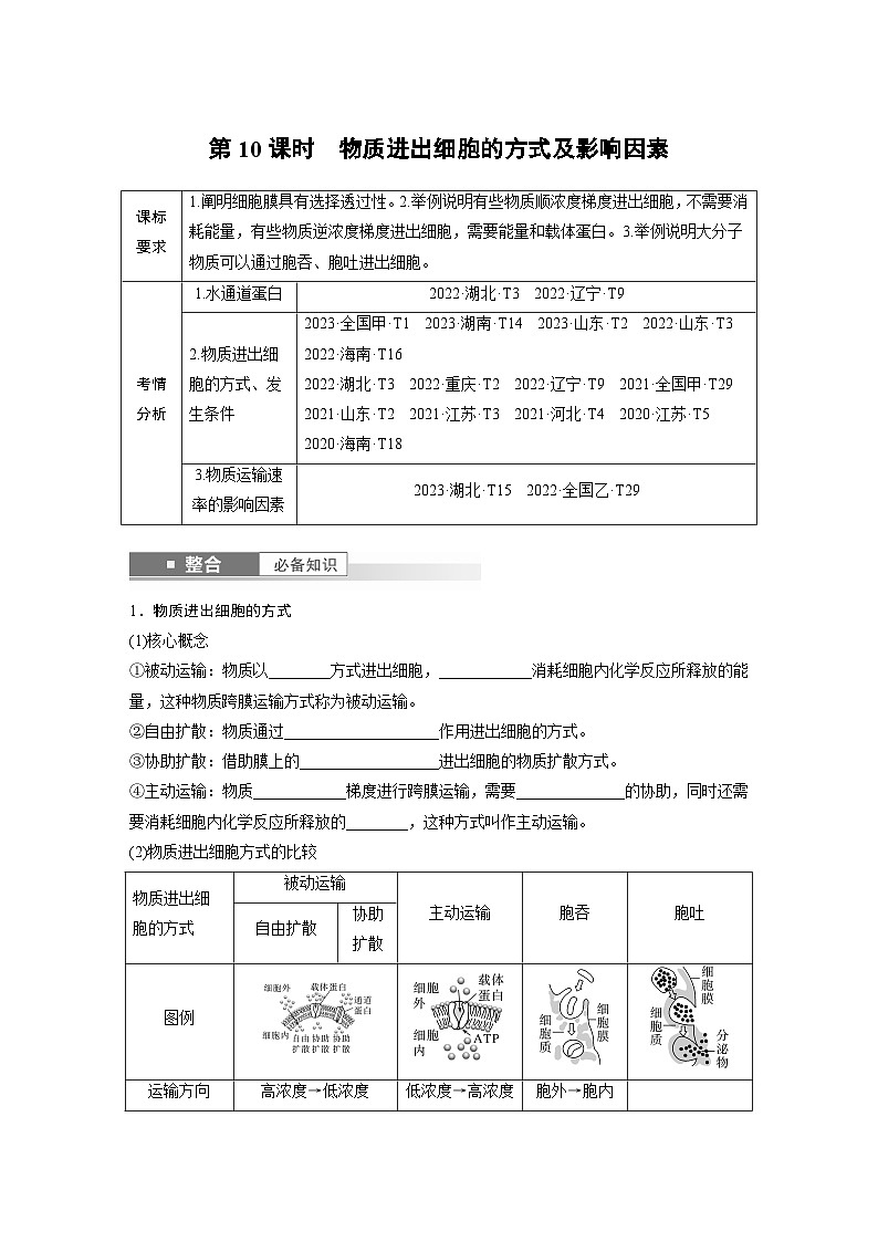 第二单元　第十课时　物质进出细胞的方式及影响因素-2025年高考生物大一轮复习课件01