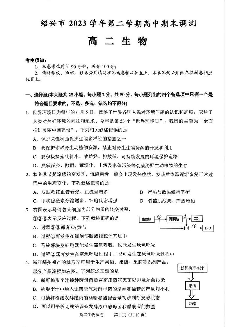浙江省绍兴市2023-2024学年高二下学期6月期末生物试题01