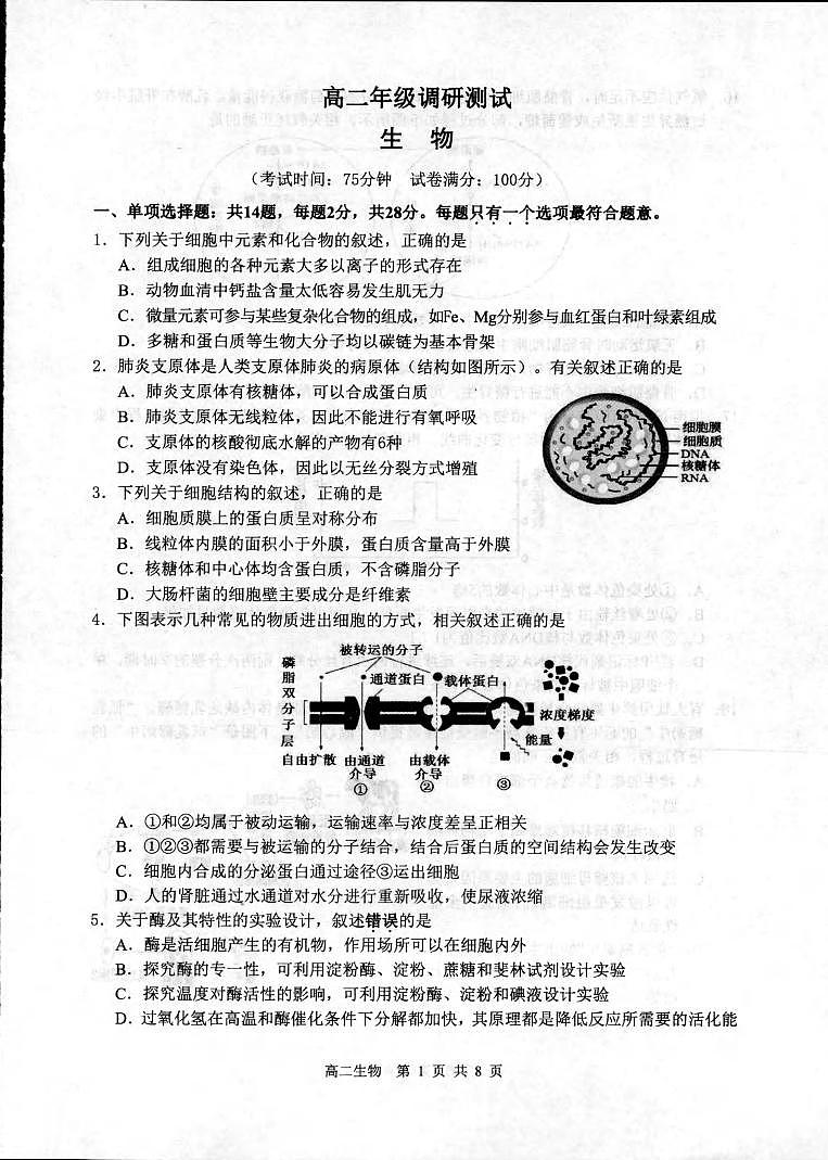 生物丨江苏省宿迁市2025届新高三6月末期末调研测试生物试卷及答案01