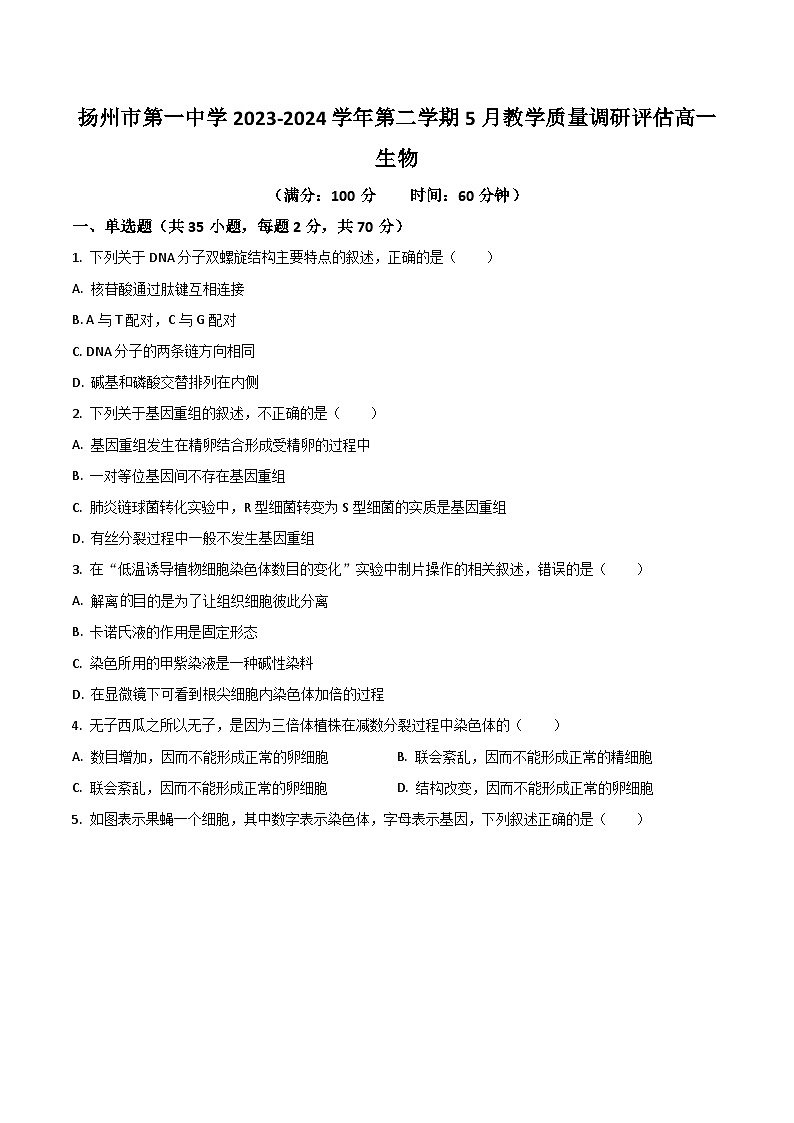 江苏省扬州市第一中学2023-2024学年高一下学期5月教学质量调研评估生物试卷（含答案）第1页