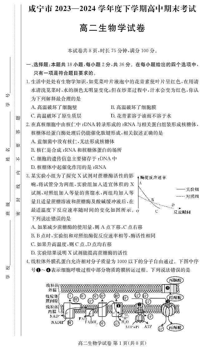 湖北省咸宁市2023-2024学年高二下学期期末考试生物试题01