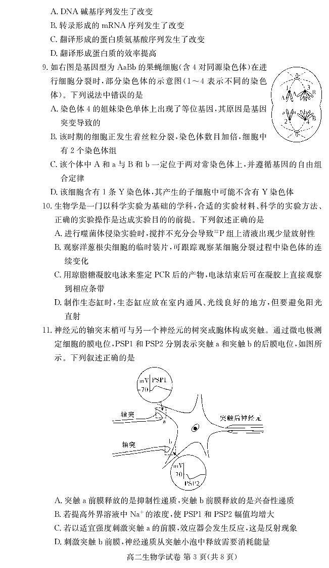 湖北省咸宁市2023-2024学年高二下学期期末考试生物试题03