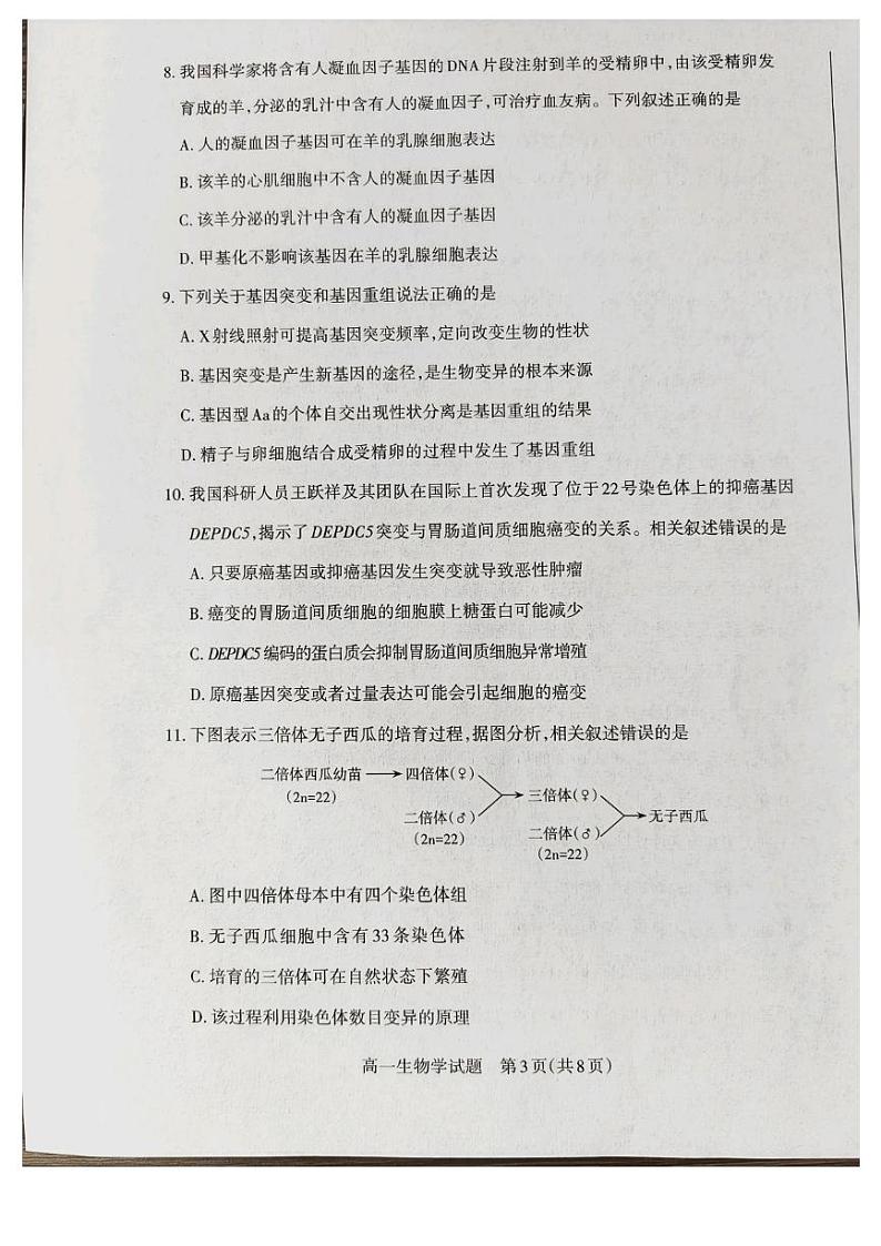 山西省长治市2023-2024学年高一下学期7月期末考试生物试题03