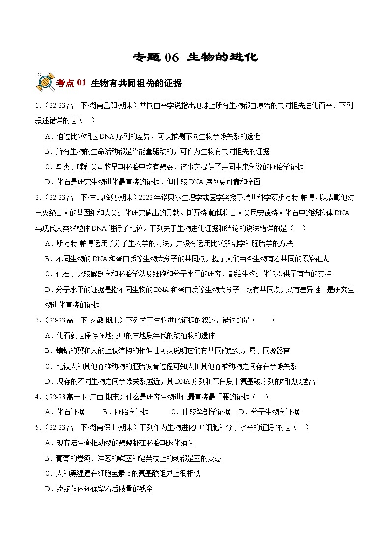 专题06 生物的进化（原卷版+解析版）备战2023-2024学年高一生物下学期期末真题分类汇编（新高考专用）01