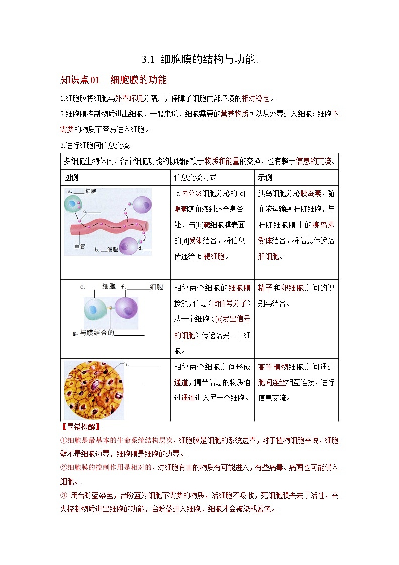 人教版（2019）必修一3.1 细胞膜的结构和功能知识清单01