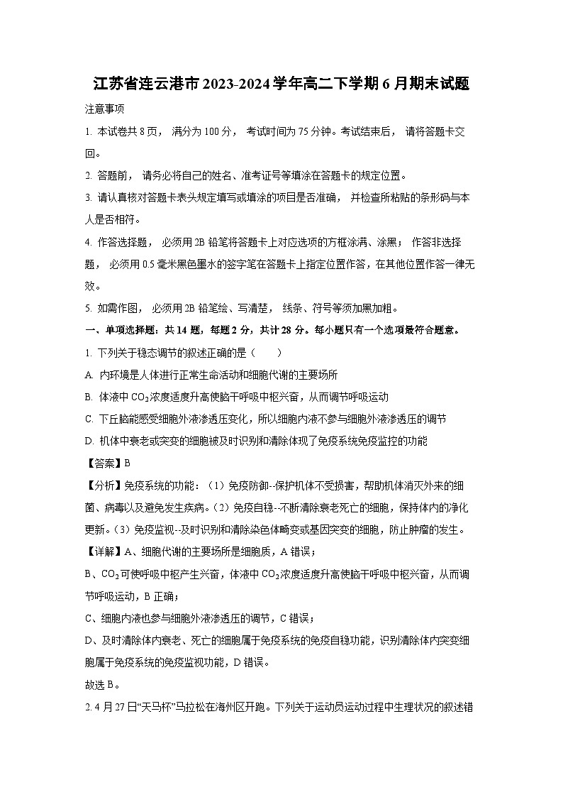 [生物]江苏省连云港市2023-2024学年高二下学期6月期末试题(解析版)第1页