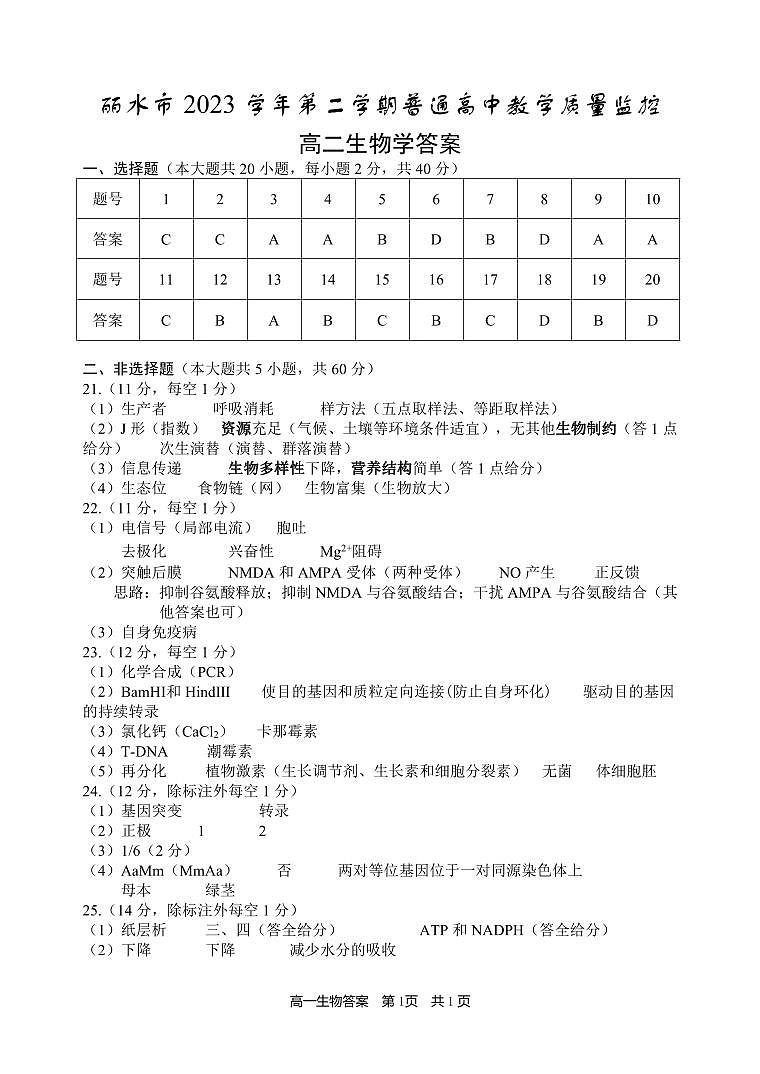 浙江省丽水市2023-2024学年高二下学期6月期末考试生物01